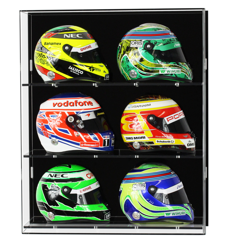 Full Size F1 Helmet Acrylic Display Case with a Black Wooden Base 