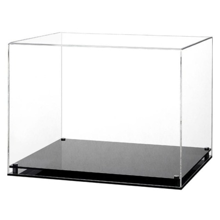 Main image of the custom sized acrylic display case with a black modern base, on a white background