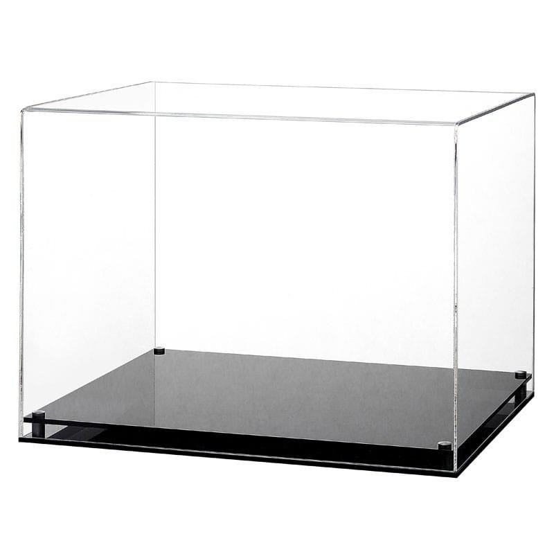 Main image of the custom sized acrylic display case with a black modern base, on a white background