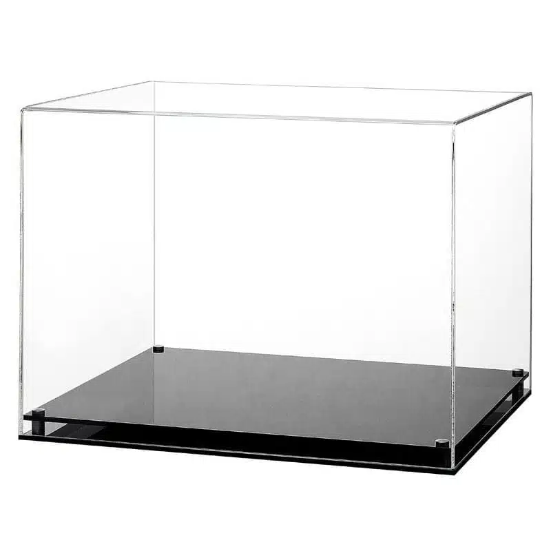 Main image of the custom sized acrylic display case with a black modern base, on a white background