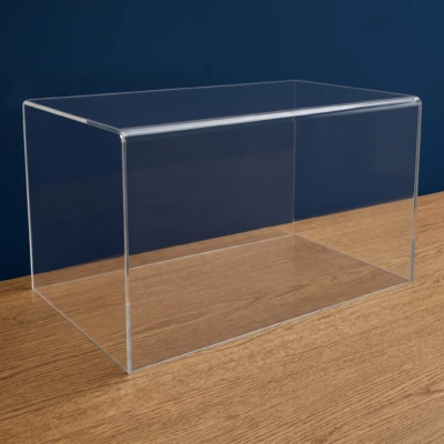 Custom sized acrylic display cover image, shown on a wooden table against a dark blue wall