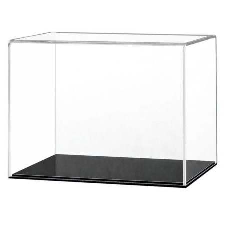Main image of the custom sized acrylic display case with a black low profile base, on a white background