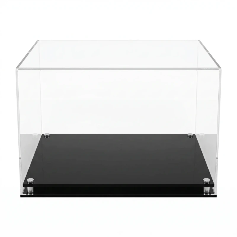 Image of the custom sized acrylic display case with a modern base, shown empty, on a plain white background