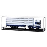 a 1:50 scale model livestock lorry inside our 1:50 scale model truck display case, with a black modern acrylic base