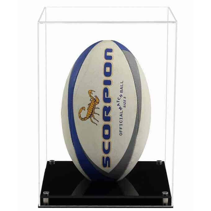 Vitrine for en rugbyball med en moderne base (valg av grunnfarger)