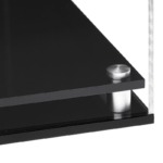 Closeup image of the corner of the black modern base, showing the acrylic and the stainless steel corner support