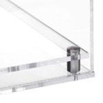 Closeup image of the corner of the clear modern base, showing the acrylic and the stainless steel corner support