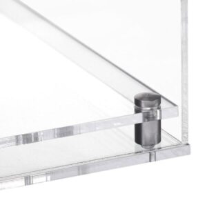 Closeup image of the corner of the clear modern base, showing the acrylic and the stainless steel corner support