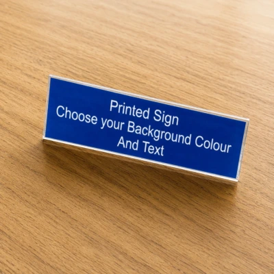 Front view of the Printed Acrylic Sign, shown on a wooden table