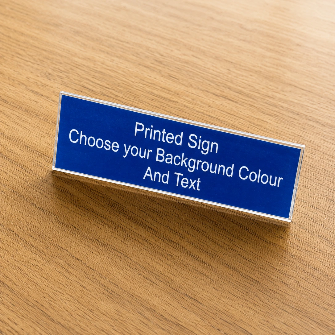 Front view of the Printed Acrylic Sign, shown on a wooden table