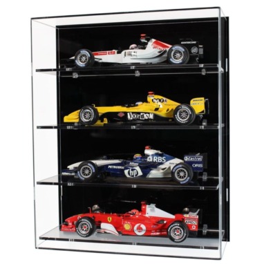 Main Image of our Wall Display Case for Four 1:18 Scale Model F1 Cars, with a black back panel
