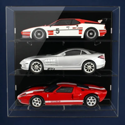 Main image for the shelved wall display case, with a black back panel and stronger shelf bracket design, on a dark blue background.