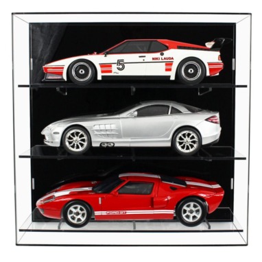 Main image for the shelved wall display case, with a black back panel and stronger shelf bracket design, on a white background.