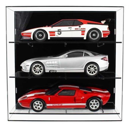 Main image for the shelved wall display case, with a black back panel and stronger shelf bracket design, on a white background.