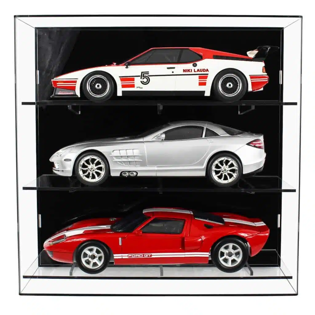 Main image for the shelved wall display case, with a black back panel and stronger shelf bracket design, on a white background.