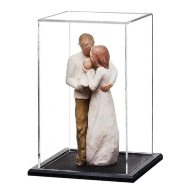 Figurine displayed inside an acrylic display case with wooden base