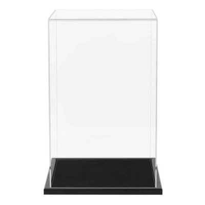 Main image for the doll display case, it has a clear display cover and a black base, with black wooden trim and a black center.