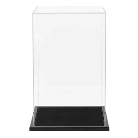 Main image for the doll display case, it has a clear display cover and a black base, with black wooden trim and a black center.