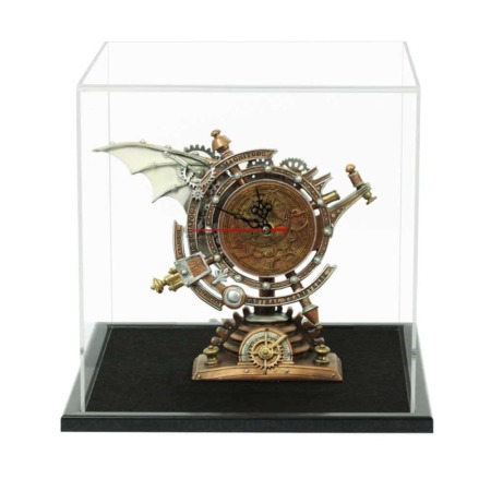Steampunk model clock displayed inside our acrylic display case with wooden base