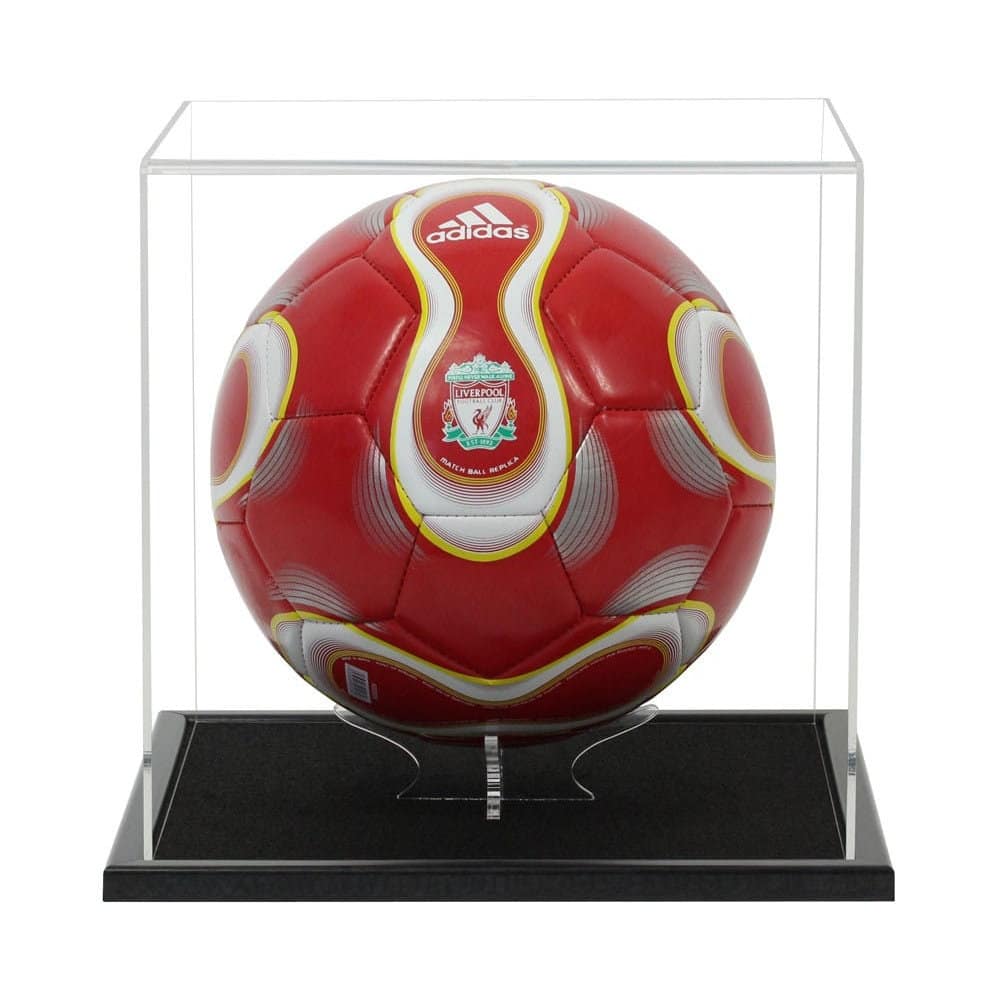 Football on an acrylic stand displayed inside our acrylic display case with wooden base