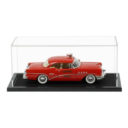 Main image for the 1:18 scale model car display case with a wooden base, shown with a red model can and a black wooden base