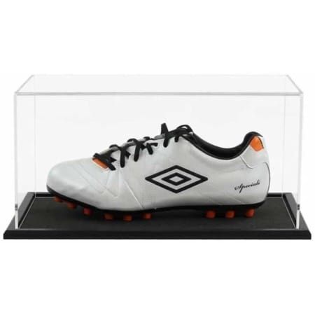 A single football boot displayed inside our acrylic display case with wooden base