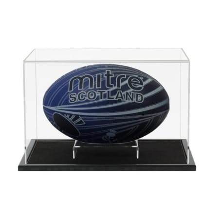 A rugby ball displayed horizontally displayed inside our acrylic display case with wooden base