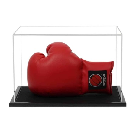 A boxing glove displayed horizontally displayed inside our acrylic display case with wooden base