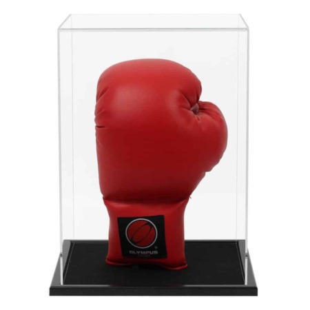 A boxing glove displayed vertically displayed inside our acrylic display case with wooden base