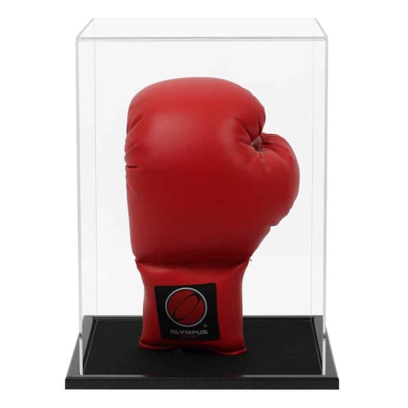A boxing glove displayed vertically displayed inside our acrylic display case with wooden base