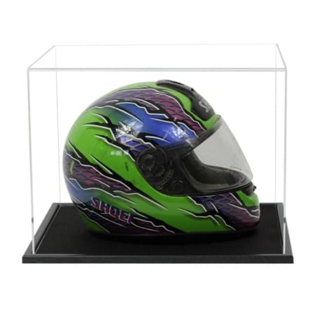 Full Size F1/crash helmet displayed inside our acrylic display case with wooden base