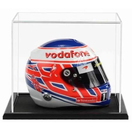 Half scale F1 helmet displayed inside our acrylic display case with wooden base
