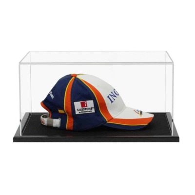 F1 baseball cap displayed inside our acrylic display case with wooden base