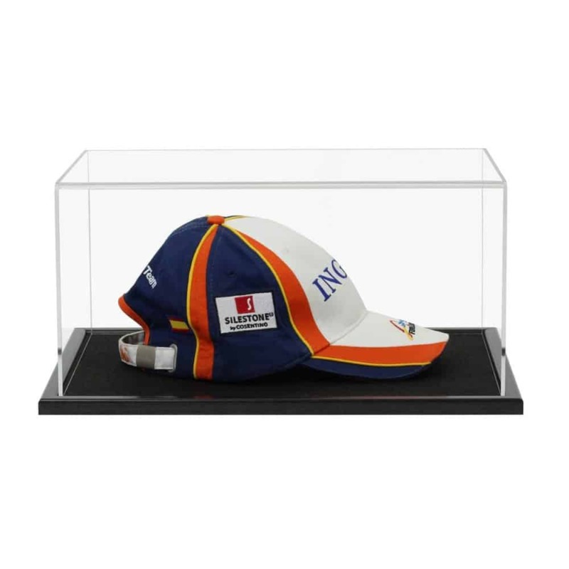 F1 baseball cap displayed inside our acrylic display case with wooden base
