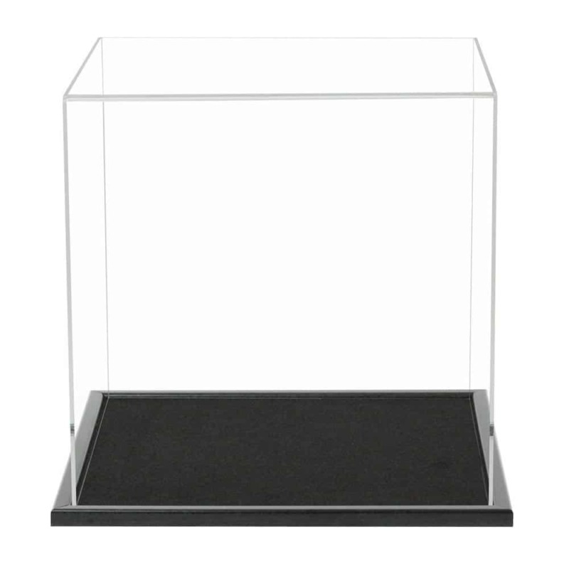 A 300mm cube acrylic display case with a wooden base
