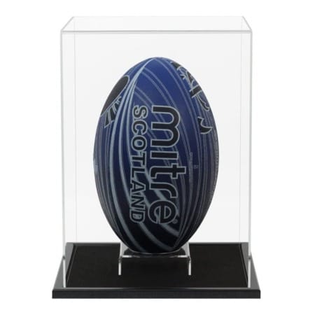 Rugby Ball displayed inside our acrylic display case with wooden base