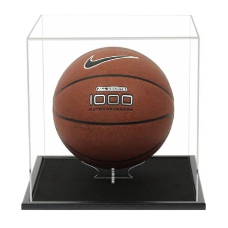 Basketball displayed inside our acrylic display case with wooden base