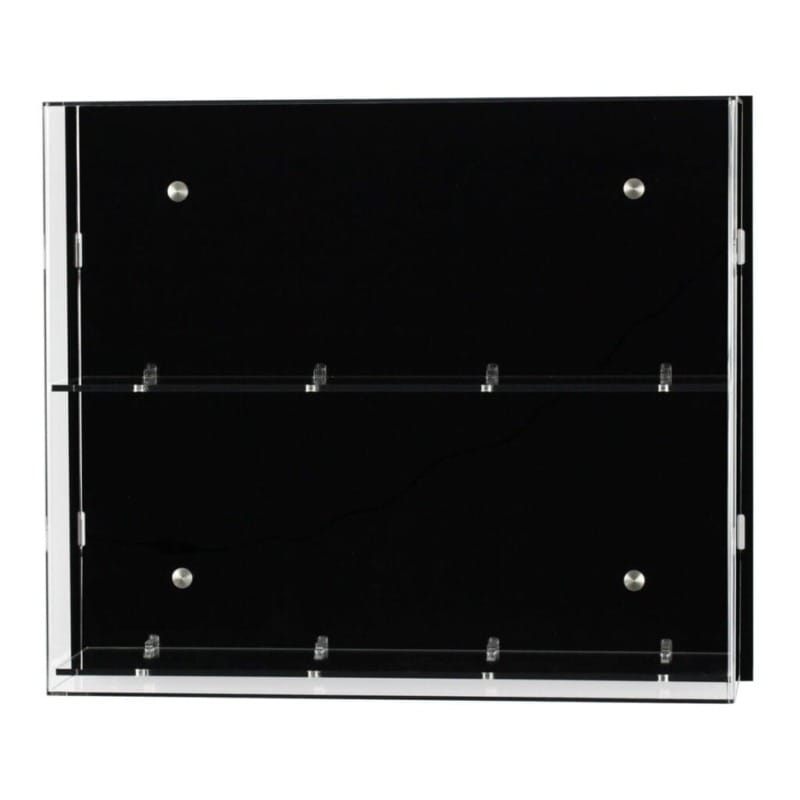 Main image for Acrylic Wall Display, shows the two shelf version, with a black acrylic backpanel, on a white background