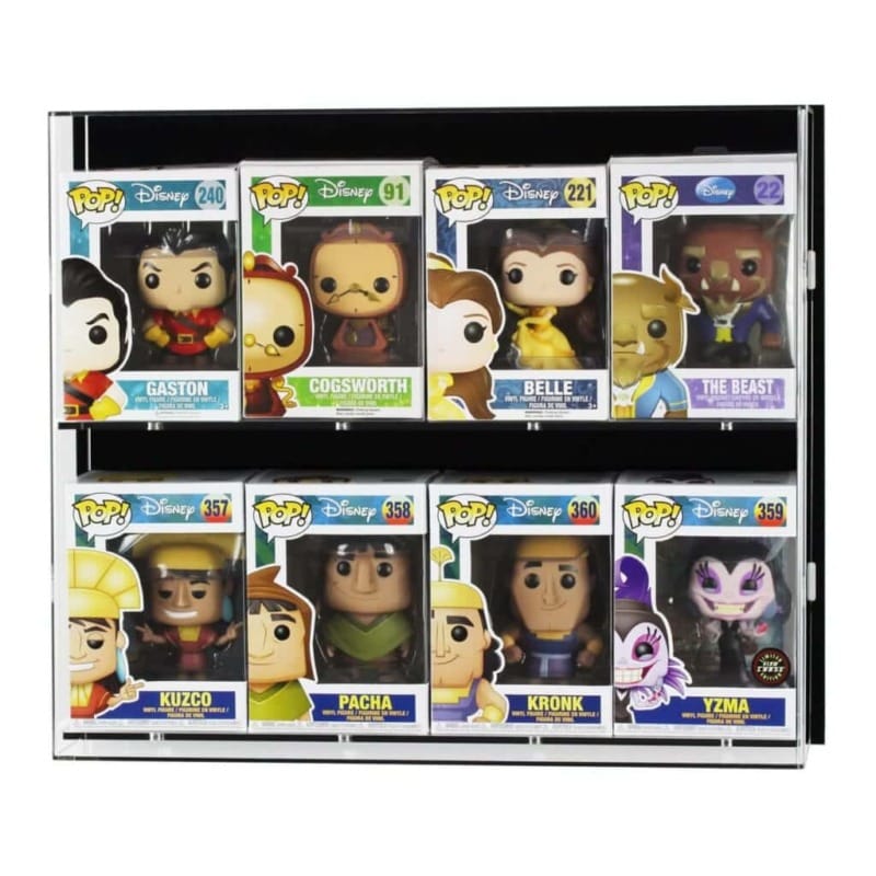 Main image for Acrylic Wall Display, shows the two shelf version, with models inside with a black acrylic backpanel, on a white background
