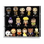 Main image for Acrylic Wall Display, shows the three shelf version, with models inside with a black acrylic backpanel, on a white background