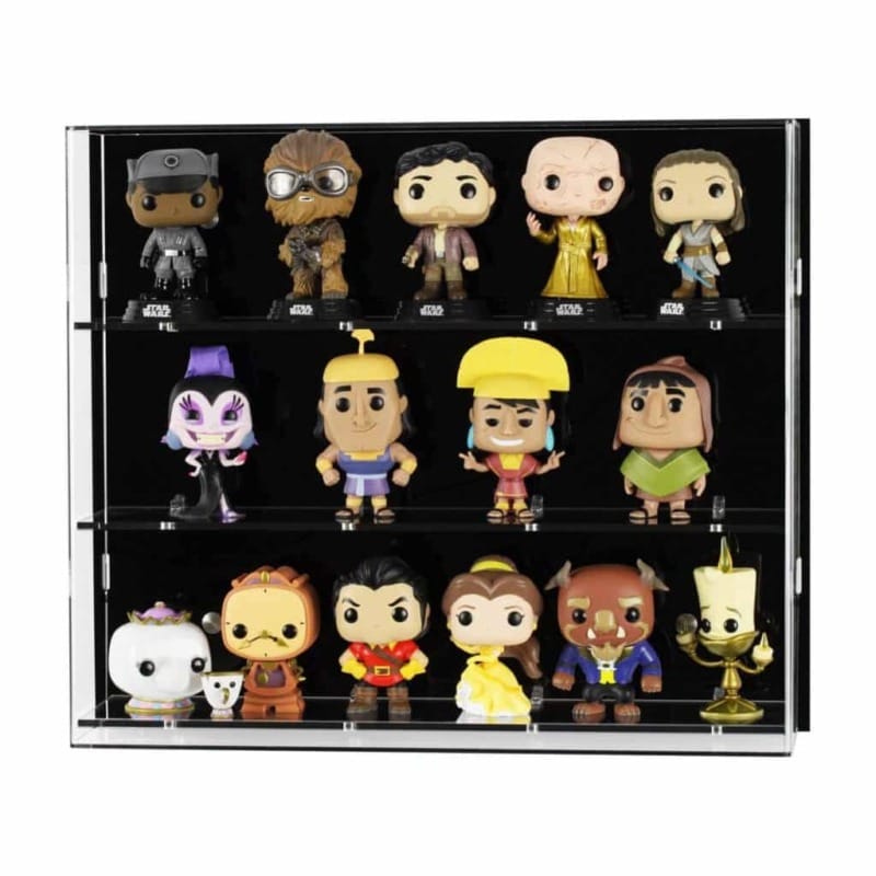 Main image for Acrylic Wall Display, shows the three shelf version, with models inside with a black acrylic backpanel, on a white background