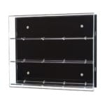 Main image for Acrylic Wall Display, shows the three shelf version, with a black acrylic backpanel, on a white background