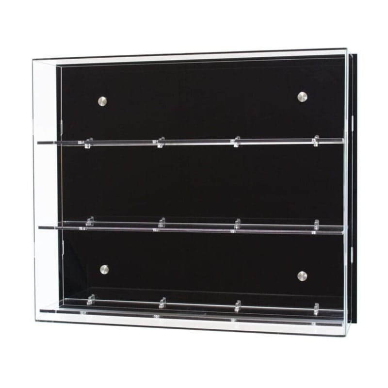 Main image for Acrylic Wall Display, shows the three shelf version, with a black acrylic backpanel, on a white background