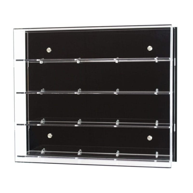 Main image for Acrylic Wall Display, shows the four shelf version, with a black acrylic backpanel, on a white background
