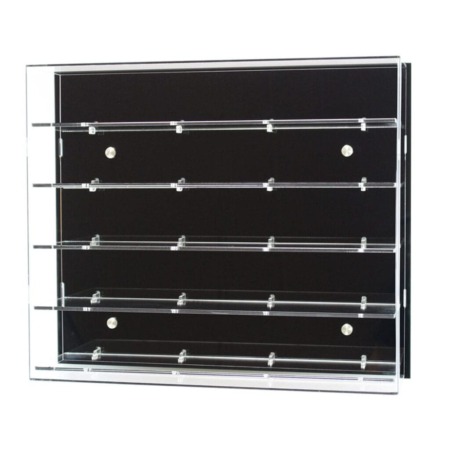Main image for Acrylic Wall Display, shows the 5 shelf version, with a black acrylic backpanel, on a white background