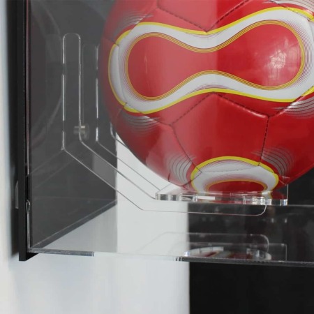 Close-up sideview image for the Acrylic Wall Display Case for a Signed football, shown with a black back, and containing a red football