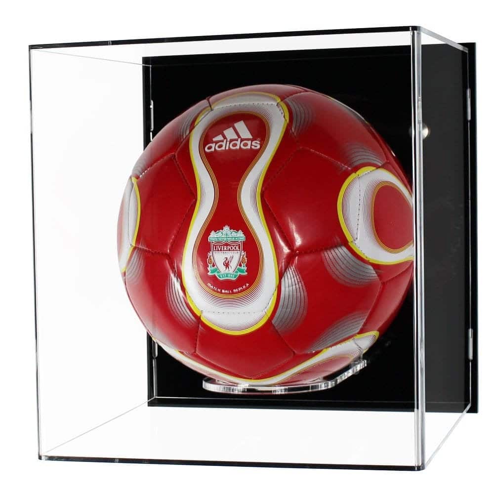 Main image for the Acrylic Wall Display Case for a Signed football, shown with a black back, and containing a red football