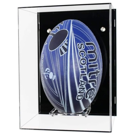 Main image for the Acrylic Wall Display Case for a Signed Rugby Ball, shown with a black back, and containing a blue rugby ball
