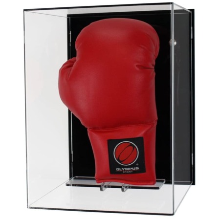 Main image for the Acrylic Wall Display Case for a Signed Boxing Glove, shown with a black back, and containing a red boxing glove