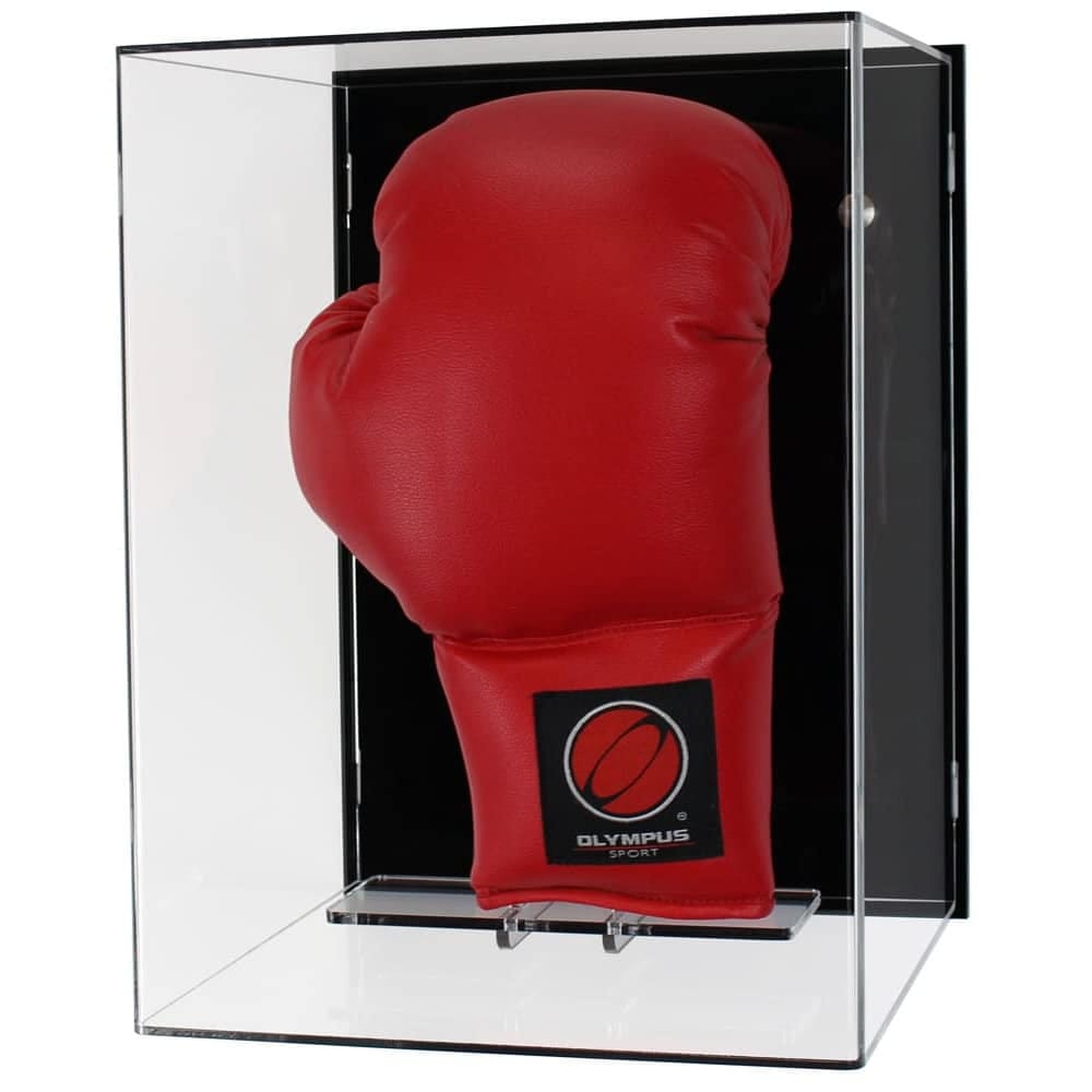 Main image for the Acrylic Wall Display Case for a Signed Boxing Glove, shown with a black back, and containing a red boxing glove